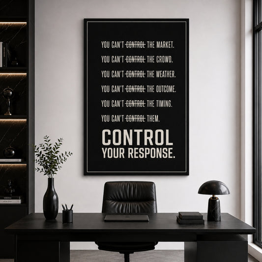 A black framed motivational wall art print with white text reading 'YOU CAN'T CONTROL THE MARKET, THE CROWD, THE WEATHER, THE OUTCOME, THE TIMING, OR THEM. CONTROL YOUR RESPONSE.