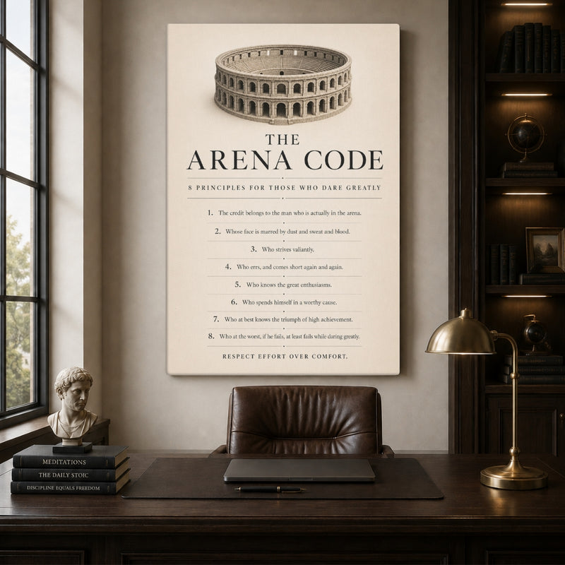 A vertical wall art print titled "THE ARENA CODE" hangs above a dark wood desk in a styled interior. The print shows an illustration of the Colosseum at the top and a list of principles below in black text on an off-white background.