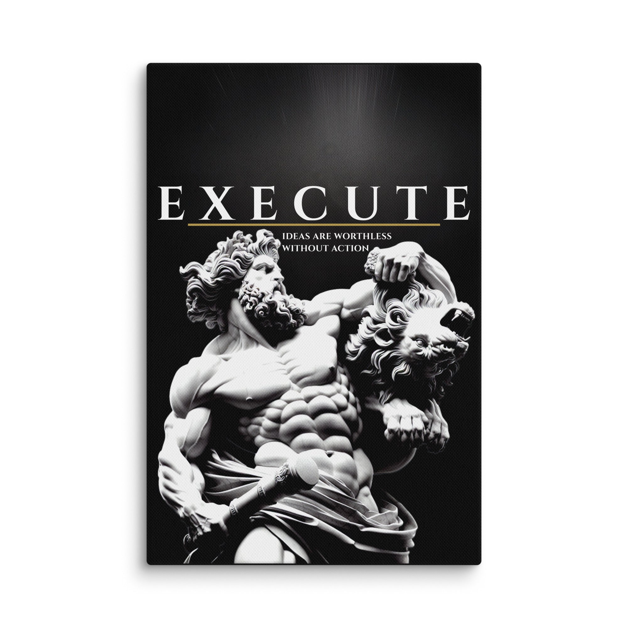 Statue of a muscular figure holding a lion on a black background with 'EXECUTE' text.