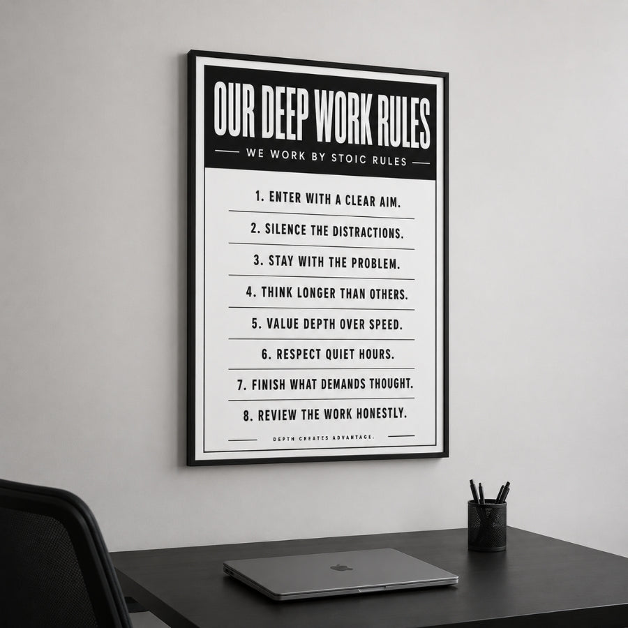 Framed poster titled 'Our Deep Work Rules' on a wall above a desk with a laptop.
