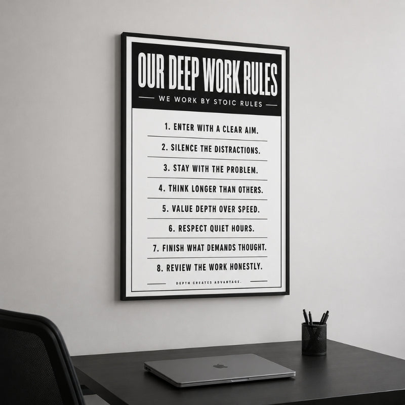 Framed poster titled 'Our Deep Work Rules' on a wall above a desk with a laptop.