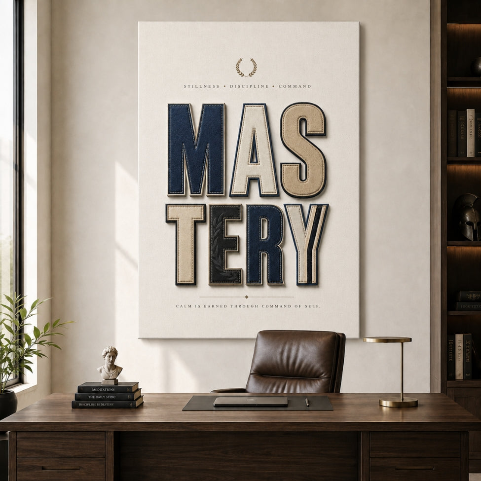A large vertical wall poster with the word 'MASTERY' in bold cream and navy letters hangs above a dark wood desk in a styled home office setting with a leather chair, lamp, and books.