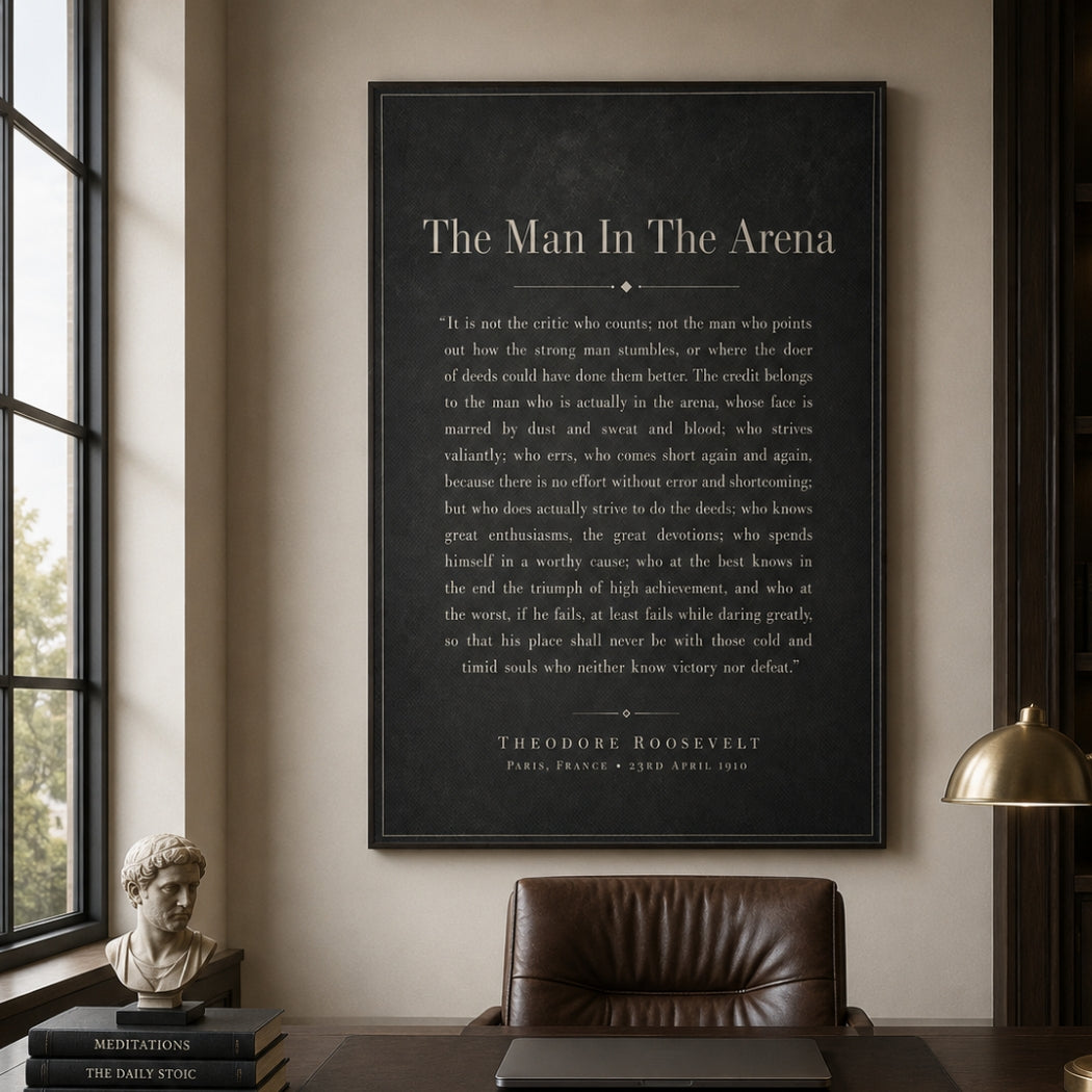 A large framed wall art print featuring Theodore Roosevelt's quote 'The Man In The Arena' in white serif text on a dark chalkboard-style background, displayed in a styled interior room with a window, lamp, chair, and small bust.