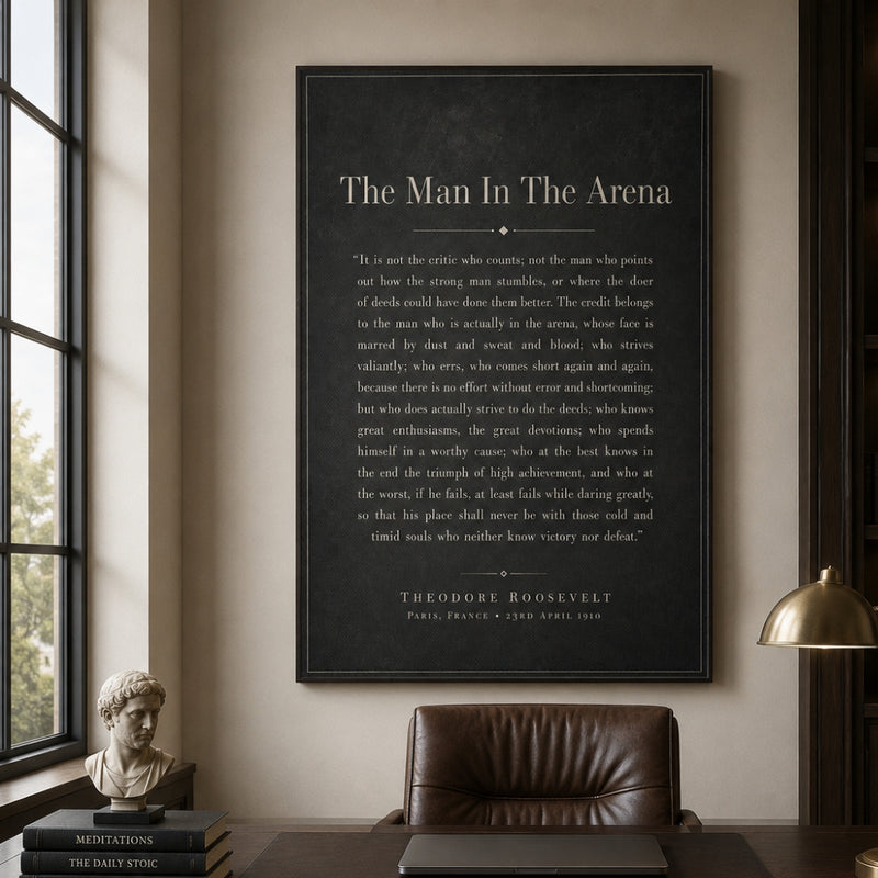 A large framed wall art print featuring Theodore Roosevelt's quote 'The Man In The Arena' in white serif text on a dark chalkboard-style background, displayed in a styled interior room with a window, lamp, chair, and small bust.