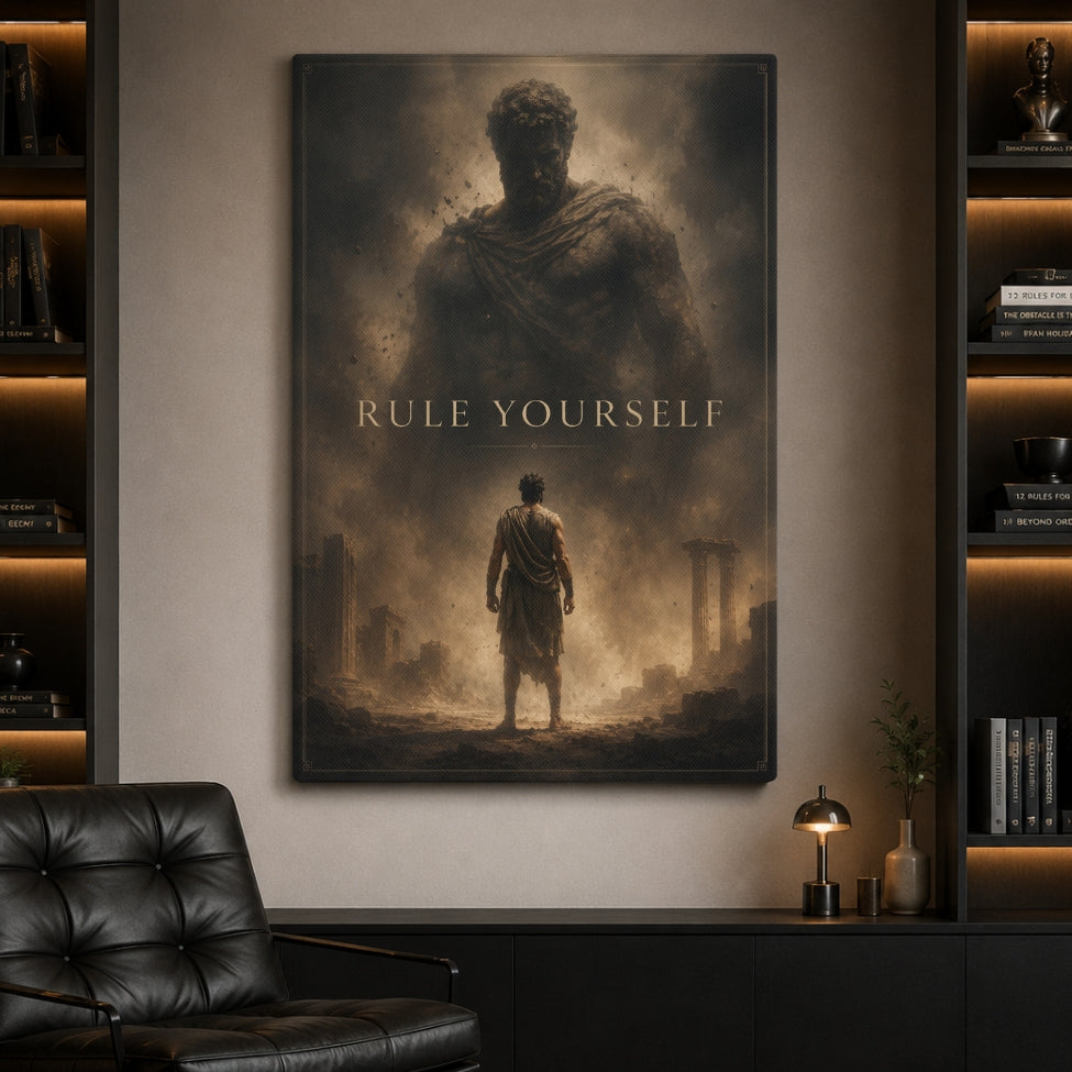 A vertical canvas wall art print featuring a dark, atmospheric scene with a giant stone-like figure looming over a small cloaked figure, with the text 'RULE YOURSELF' across the center. The canvas is displayed on a beige wall in a modern room setting with a black leather chair and built-in shelves.