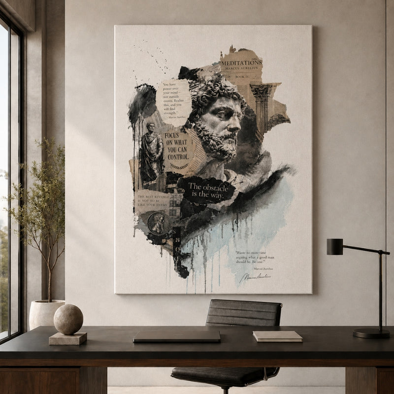 A large vertical canvas print featuring a collage-style portrait of Julius Caesar in black, beige, and gray tones, hanging on a light beige wall above a dark wood desk in a modern room setting.