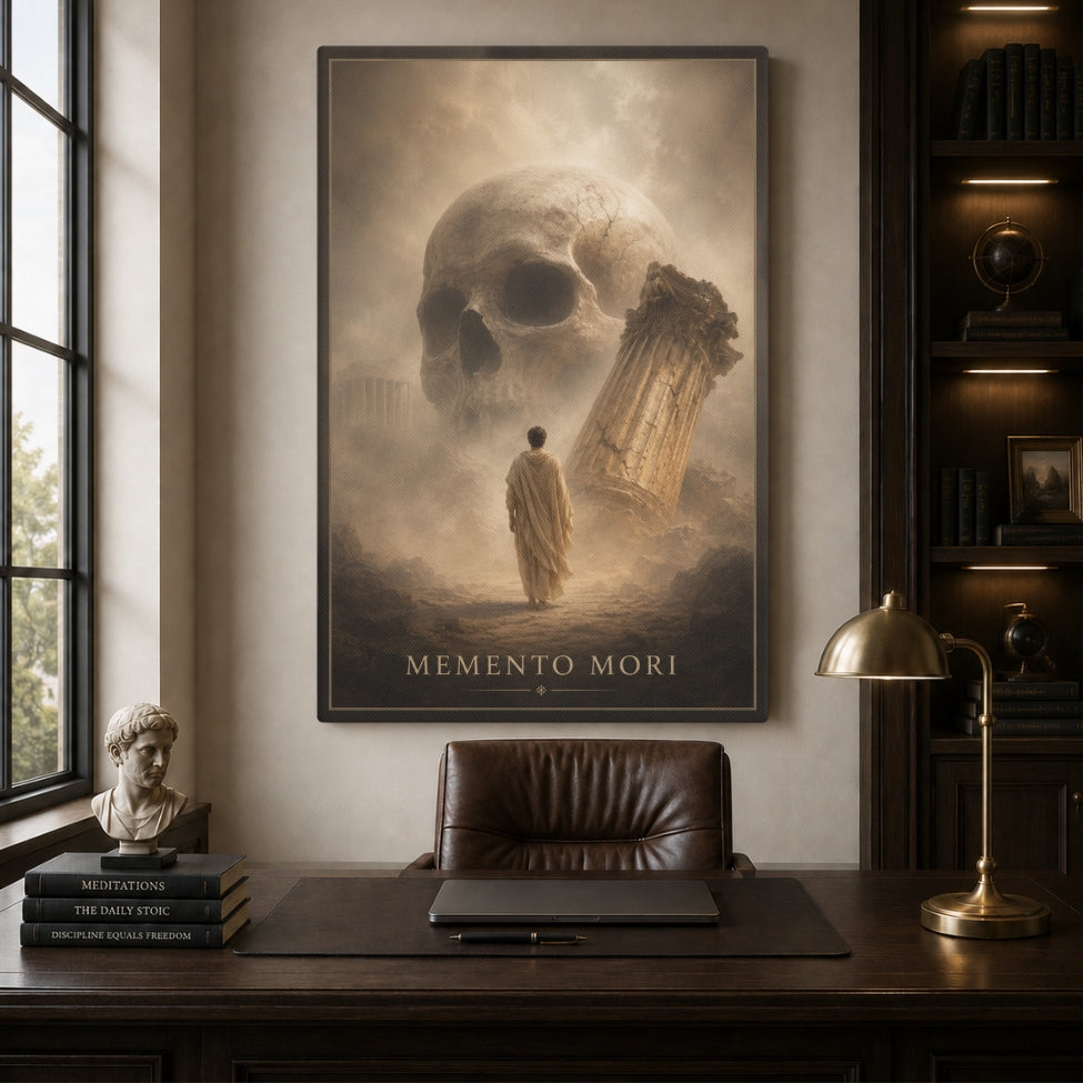A framed vertical art print featuring a large skull and a small robed figure with the text 'MEMENTO MORI' at the bottom, displayed on a wall above a dark wood desk in a styled room.