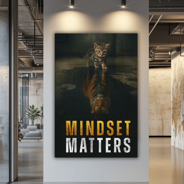 Canvas with a tiger reflection and 'Mindset Matters' text in an office setting