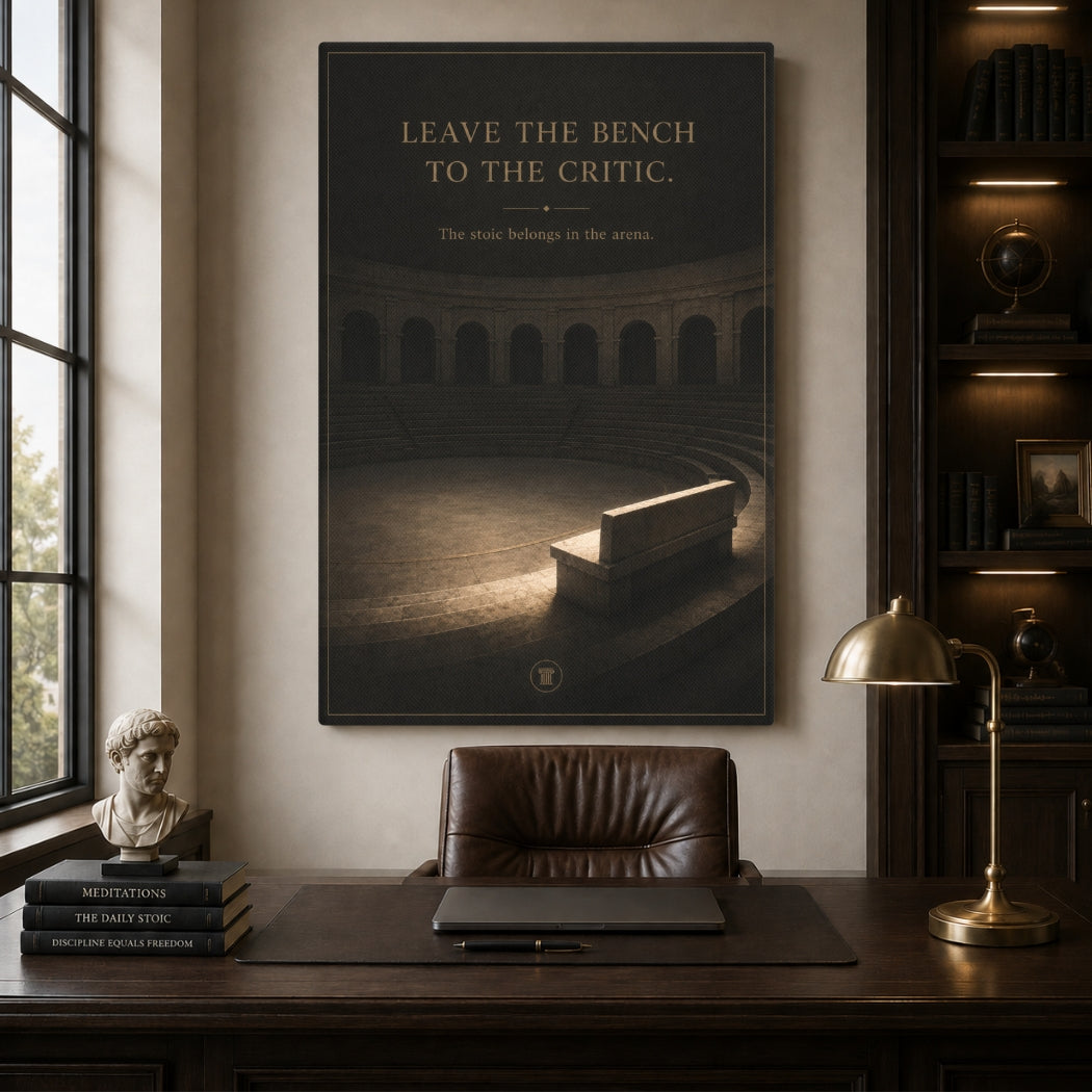 A framed vertical art print featuring a dark stadium scene with the text 'LEAVE THE BENCH TO THE CRITIC.' hangs on a beige wall above a dark wood desk in a styled home office setting.