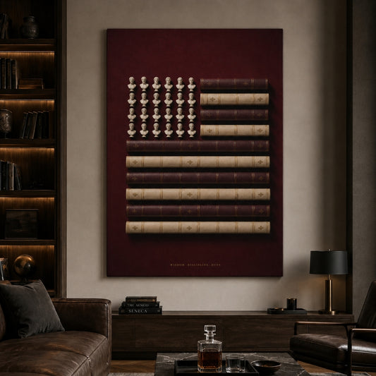 A large vertical wall art print featuring a stylized American flag made from stacked books, displayed in a dark, elegant living room setting.