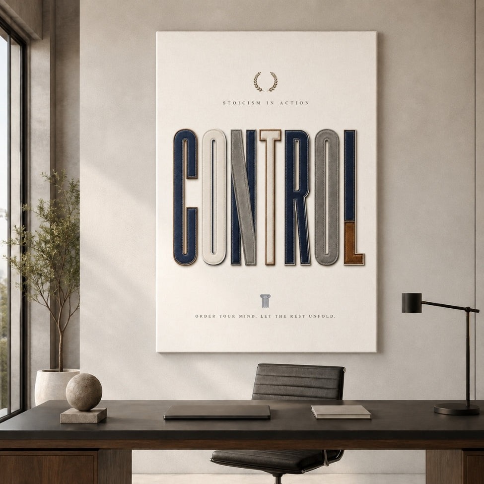 A vertical wall art print featuring the word 'CONTROL' in large block letters, displayed above a desk in a modern office setting with a chair, lamp, and window.