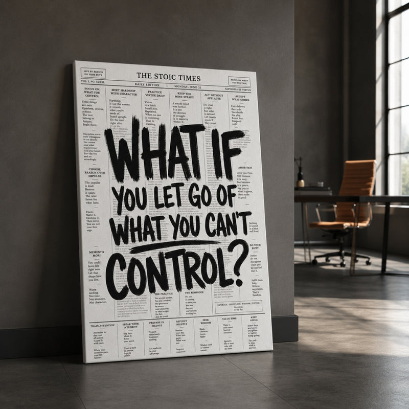 A vertical canvas print leaning against a dark gray wall in a modern office space. The print features a white background styled like a newspaper page titled 'THE STOIC TIMES', with large black brush-stroke text reading 'WHAT IF YOU LET GO OF WHAT YOU CAN'T CONTROL?'.