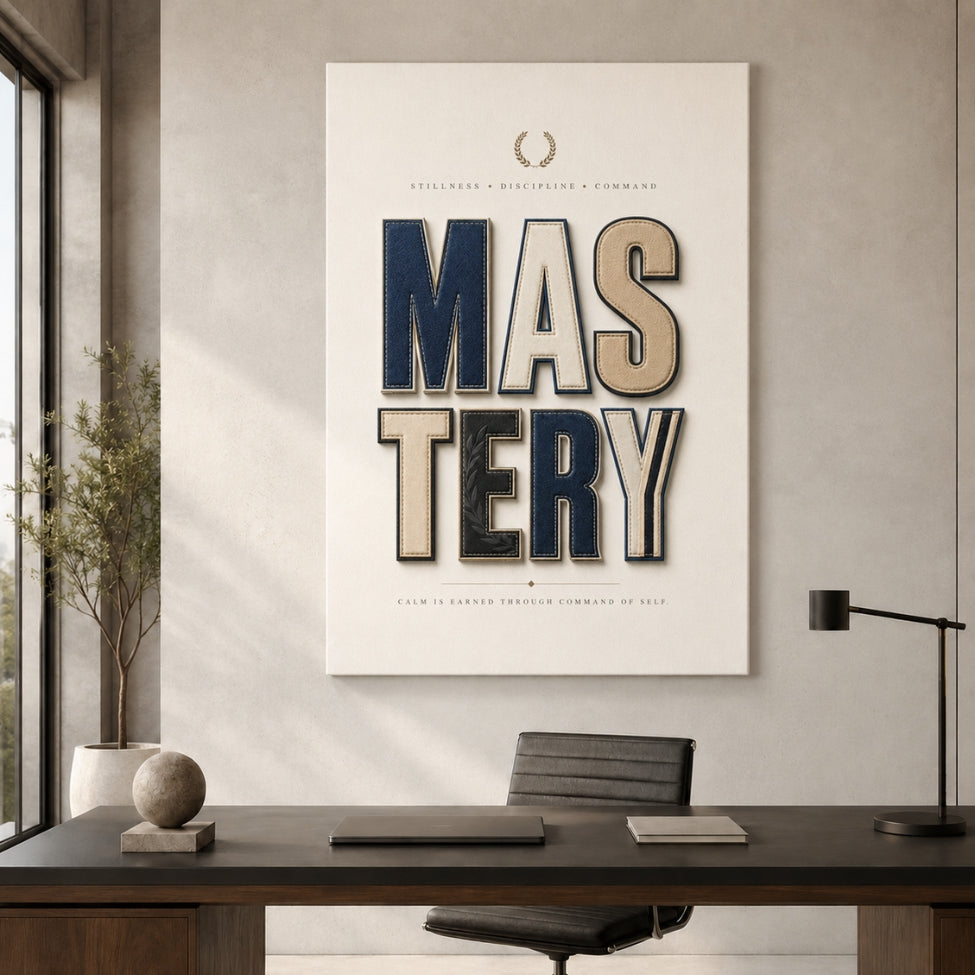 A large vertical wall art print featuring the word 'MASTERY' in oversized block letters hangs above a desk in a modern office setting. The print has a cream background with navy and beige lettering and small laurel-text details.