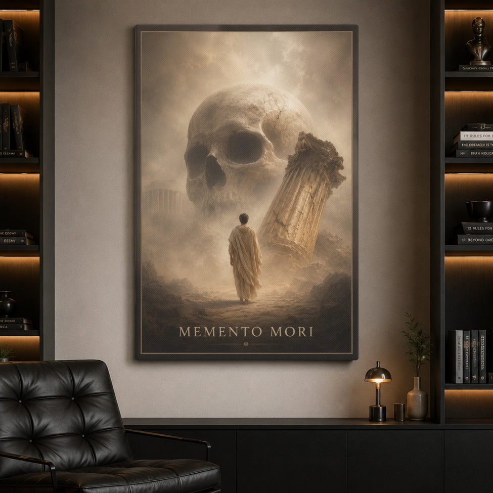A framed vertical wall art print featuring a large skull, a stone column, and a small robed figure with the text 'MEMENTO MORI' at the bottom, displayed in a modern living room setting above a dark leather chair.