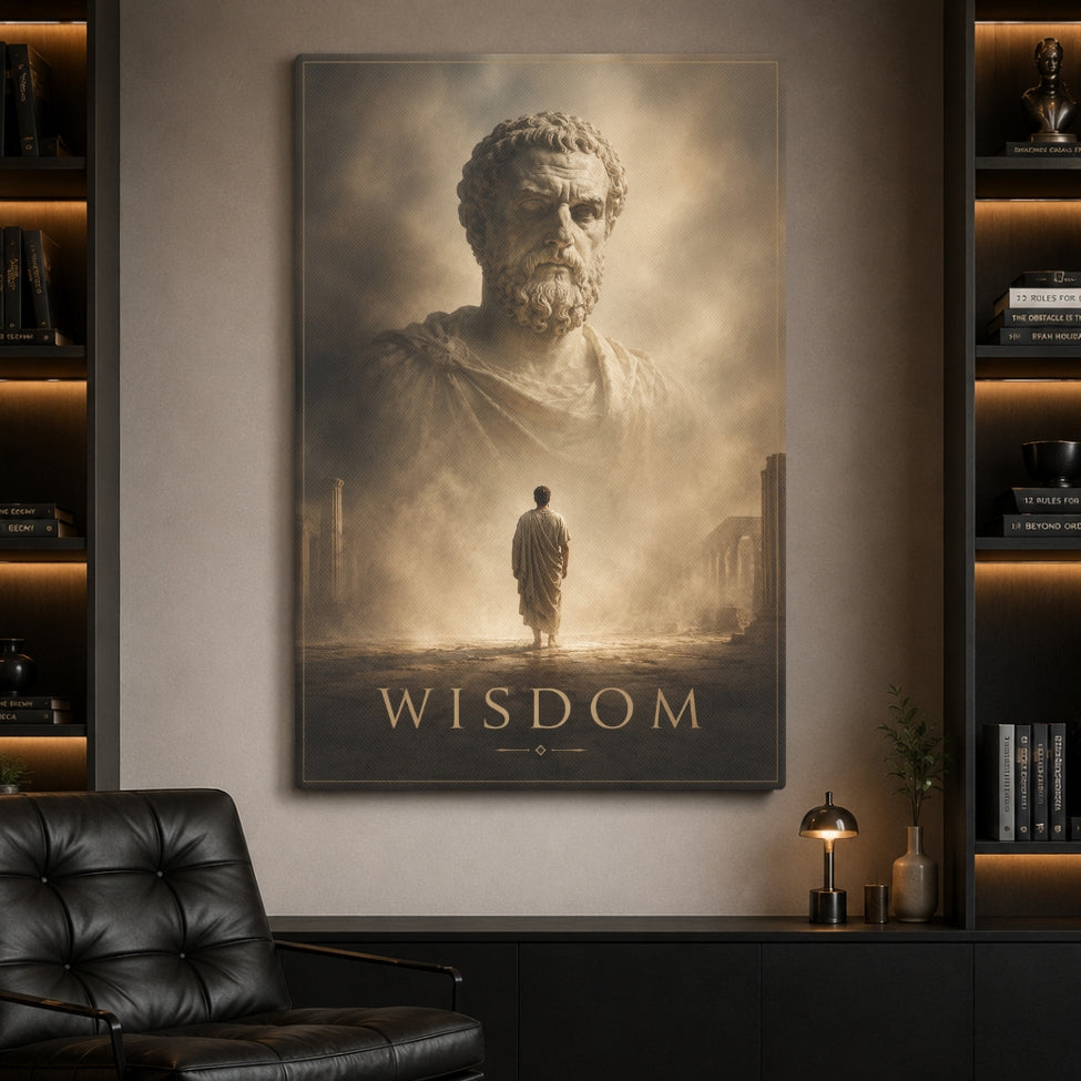A large vertical wall art print featuring a sepia-toned classical bust and a small robed figure with the word 'WISDOM' at the bottom, displayed in a modern room setting above a dark console table with shelving and a black leather chair.