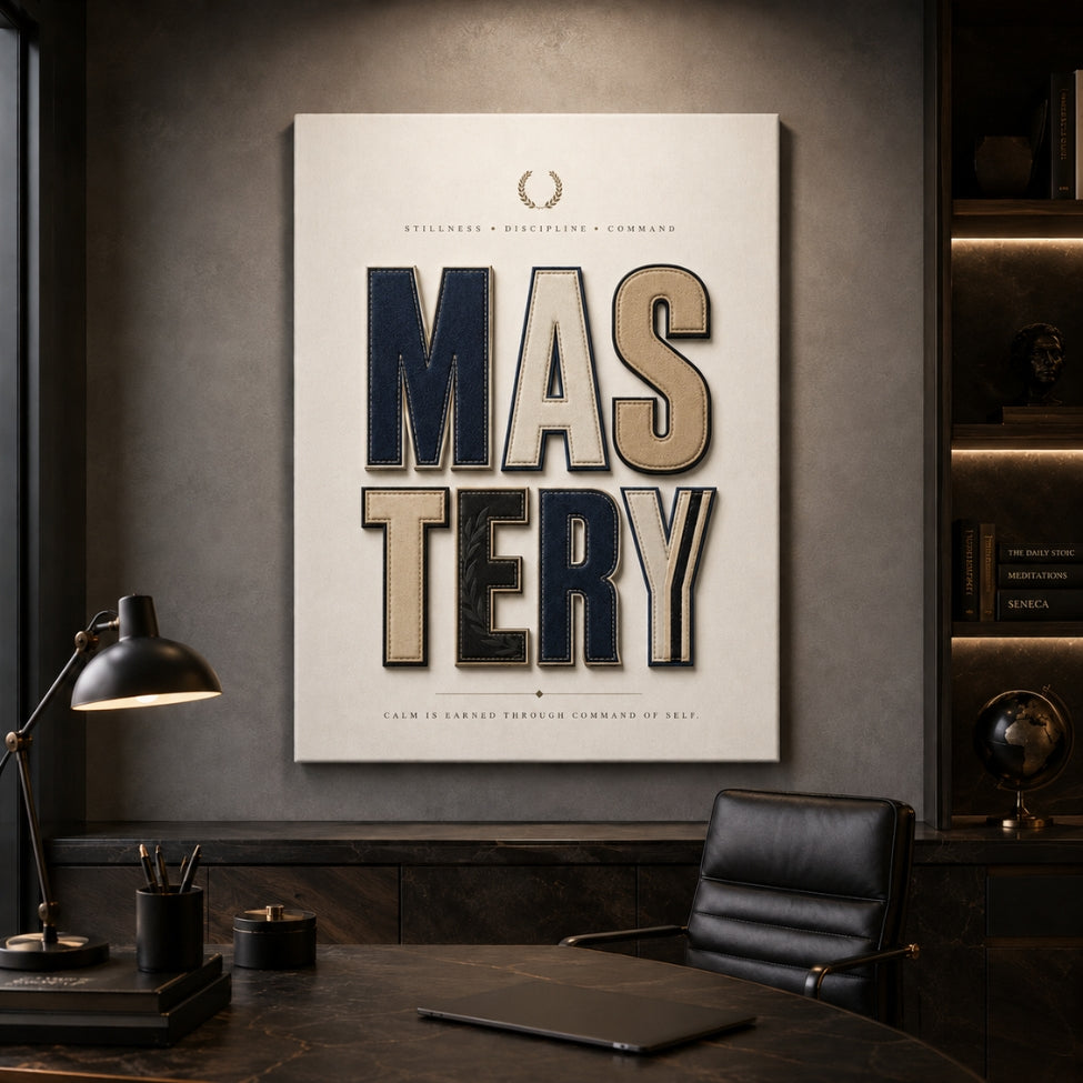 A vertical canvas wall art print featuring the word 'MASTERY' in large block letters, displayed on a dark gray wall in a modern office setting with a desk, chair, and lamp.