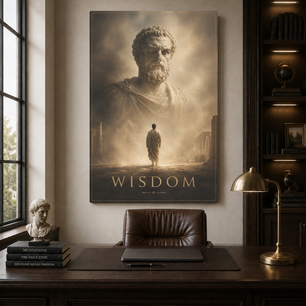 A vertical canvas wall art print featuring a classical bust of Plato and the word 'WISDOM' at the bottom, displayed in a styled home office above a dark leather desk chair.